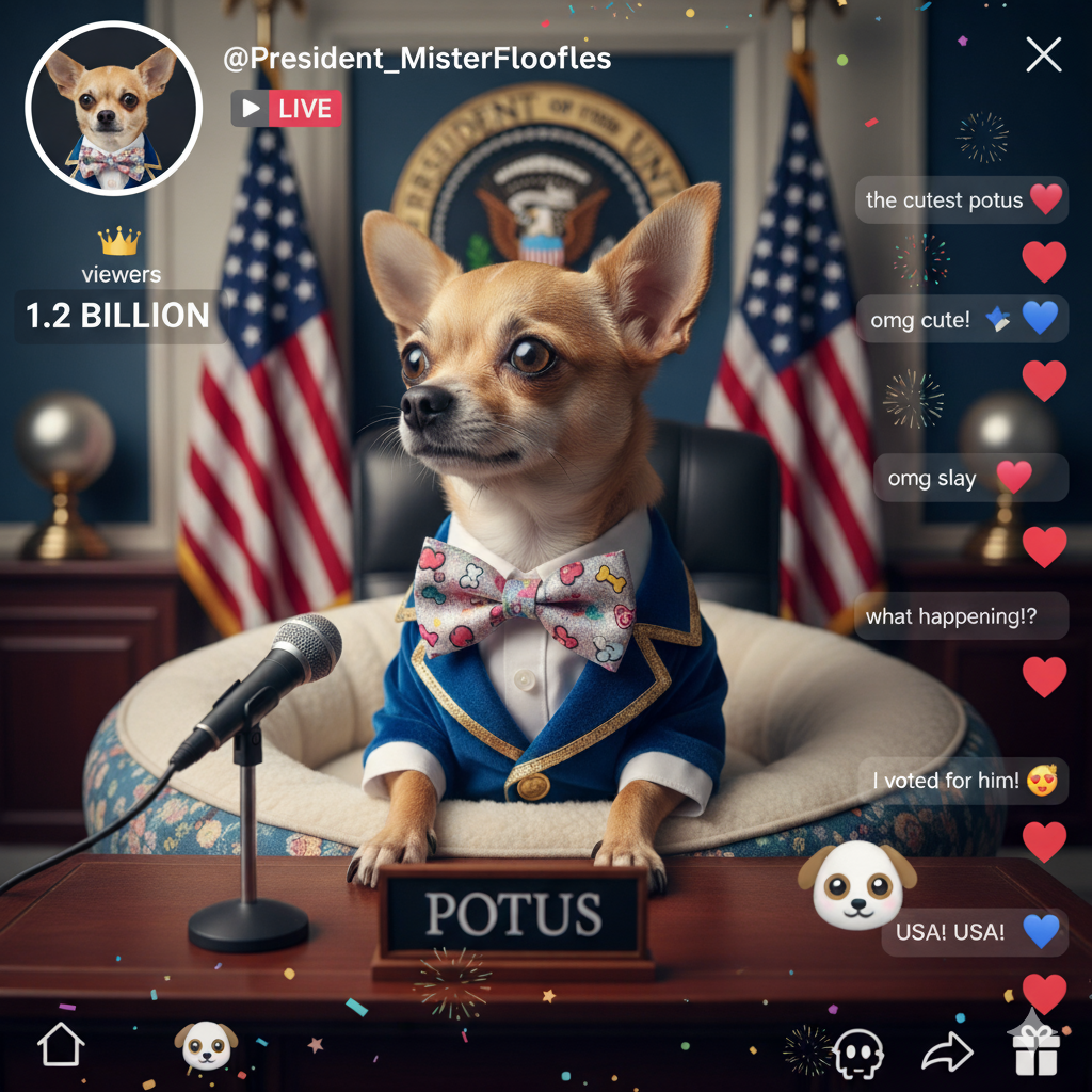 Chiahuahua, @President_MisterFloofles, in a bow tie and suit giving a live presidential address from a dog bed in the Oval Office. Viewer count: 1.2 billion.