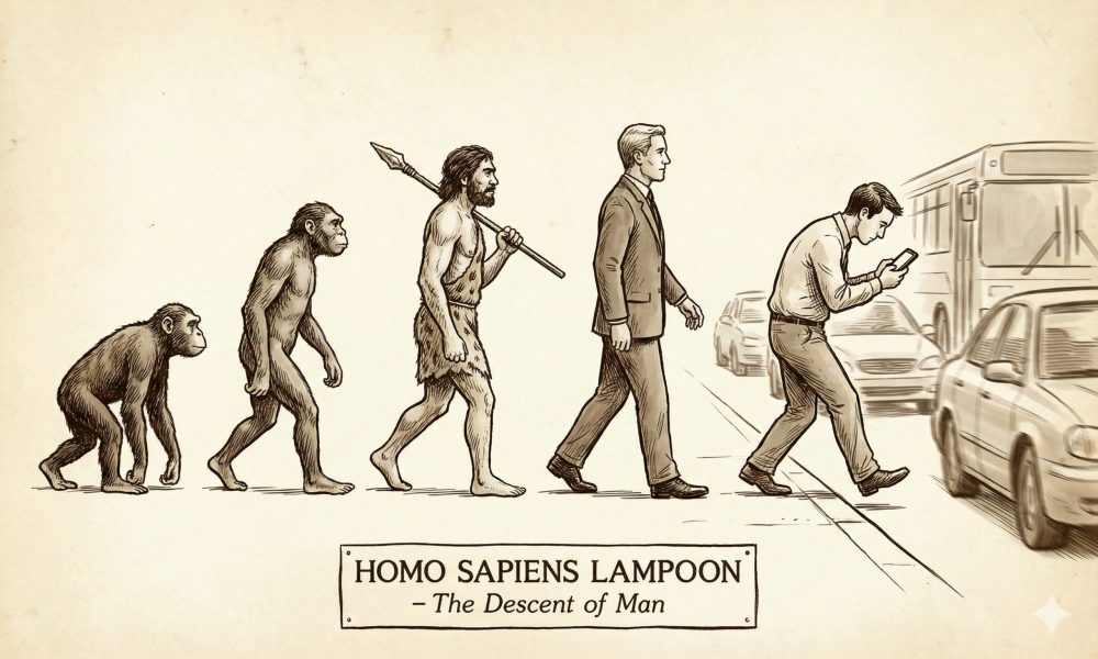 A satirical illustration parodying the famous 'March of Progress' evolution chart. It depicts stages from primate to modern human, adding a final stage: a man engrossed in his smartphone, blindly stepping off a curb into oncoming traffic. Homo Sapiens Lampoon: Humorous and Satirical Articles on the Study of Human Absurdity in the Modern Age.